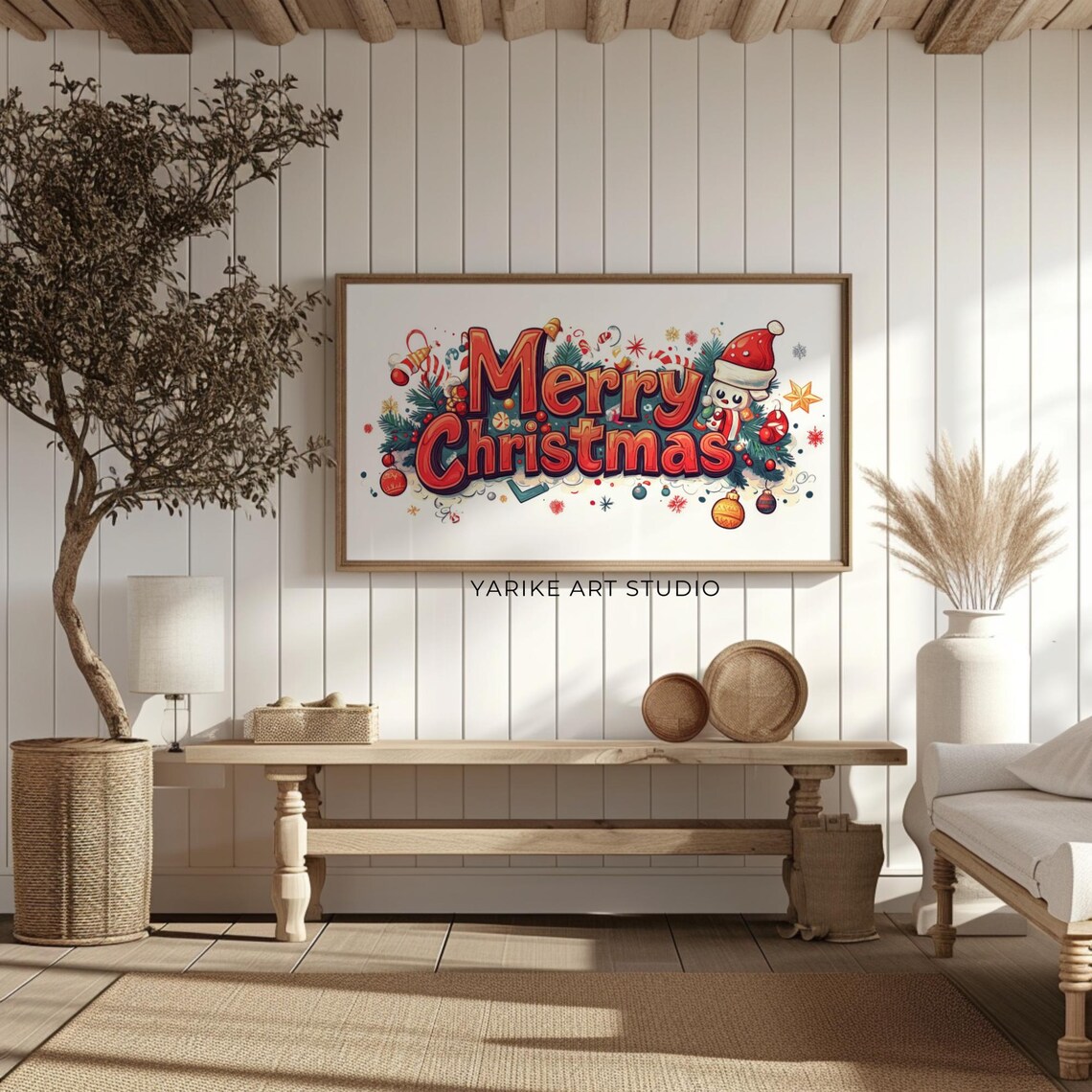 Merry Christmas Bold Cartoon Letters Ornaments Holiday Poster - Image 2