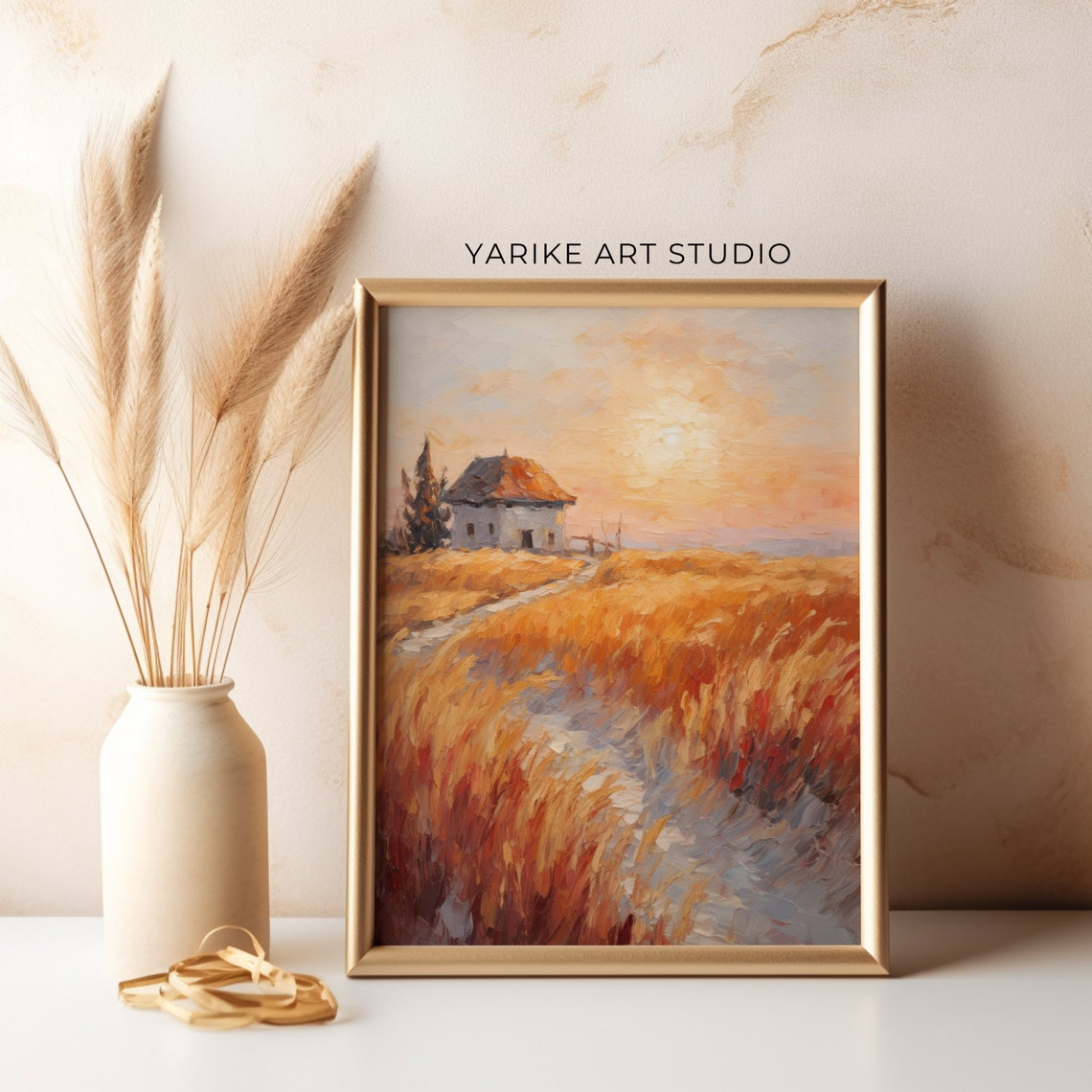 Country Hut In Golden Wheat Field At Sunset Rustic Vintage Poster - Image 4