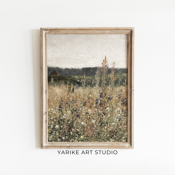 Vintage Wildflower Field With Tall Grasses And Blue Blooms Poster