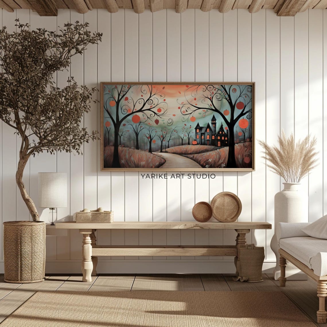 Halloween Haunted House Pumpkin Trees Stylized Folk Art Poster - Image 2
