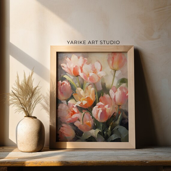 Moody Pink Tulips Painting Vintage Art Print Flower Print Dark Floral Print Farmhouse Decor Wall Art 479