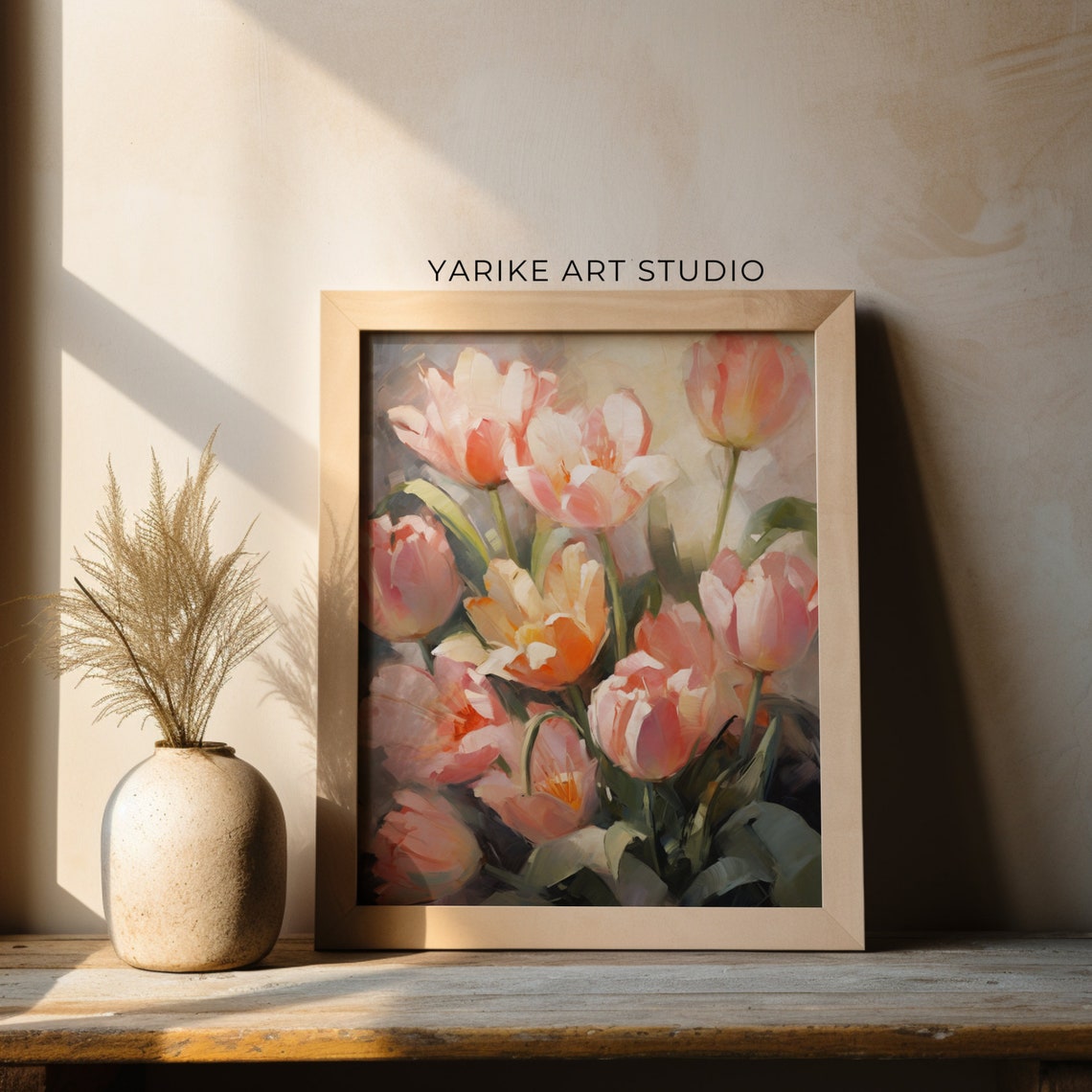 Blush Pink Tulips Bouquet Moody Impressionist Floral Art Poster