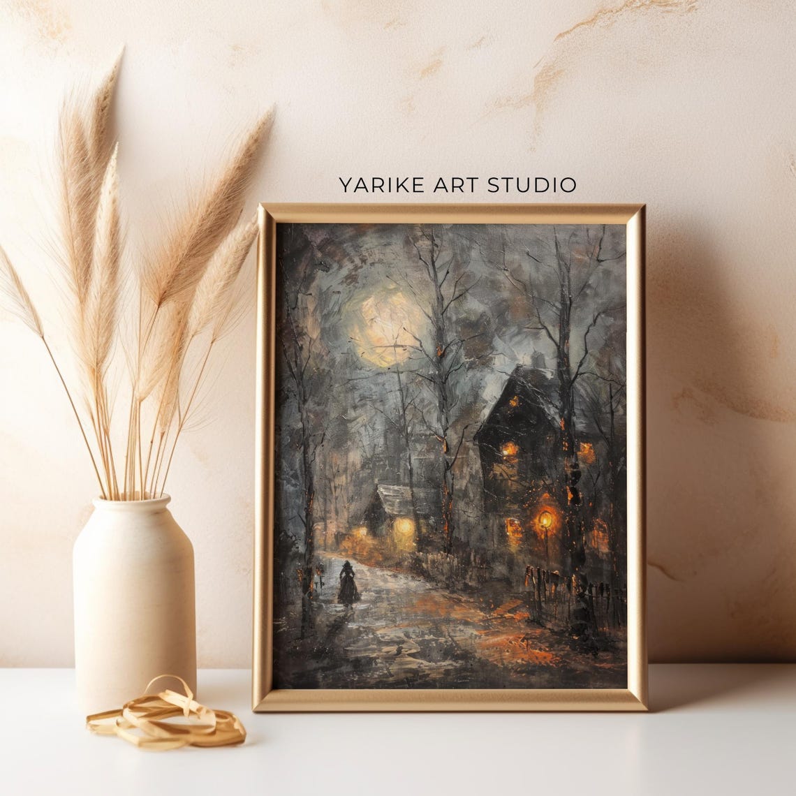 Haunted Moonlit Path to Old House Spooky Night Painting Poster - Image 3