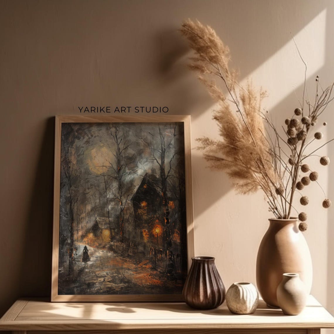 Haunted Moonlit Path to Old House Spooky Night Painting Poster - Image 2