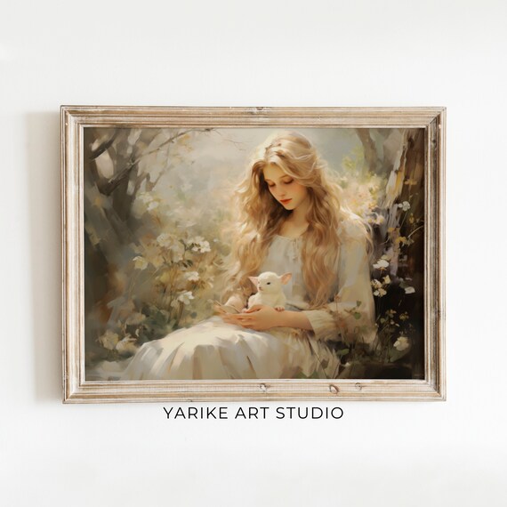 Woman In White Dress With Bunny Spring Woodland Romantic Painting Poster
