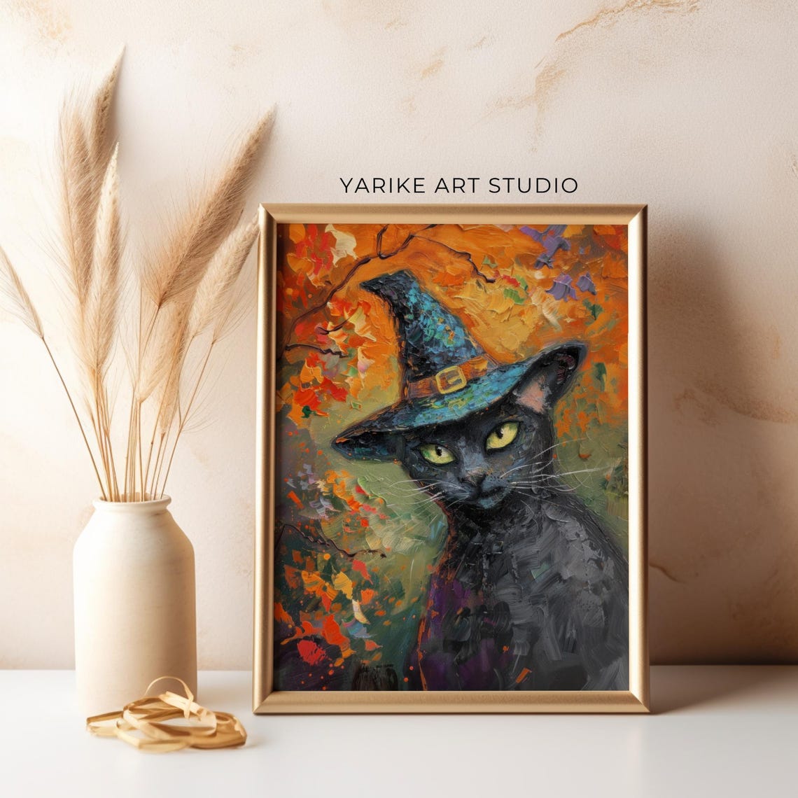 Black Cat Wearing Witch Hat Autumn Halloween Portrait Poster - Image 5