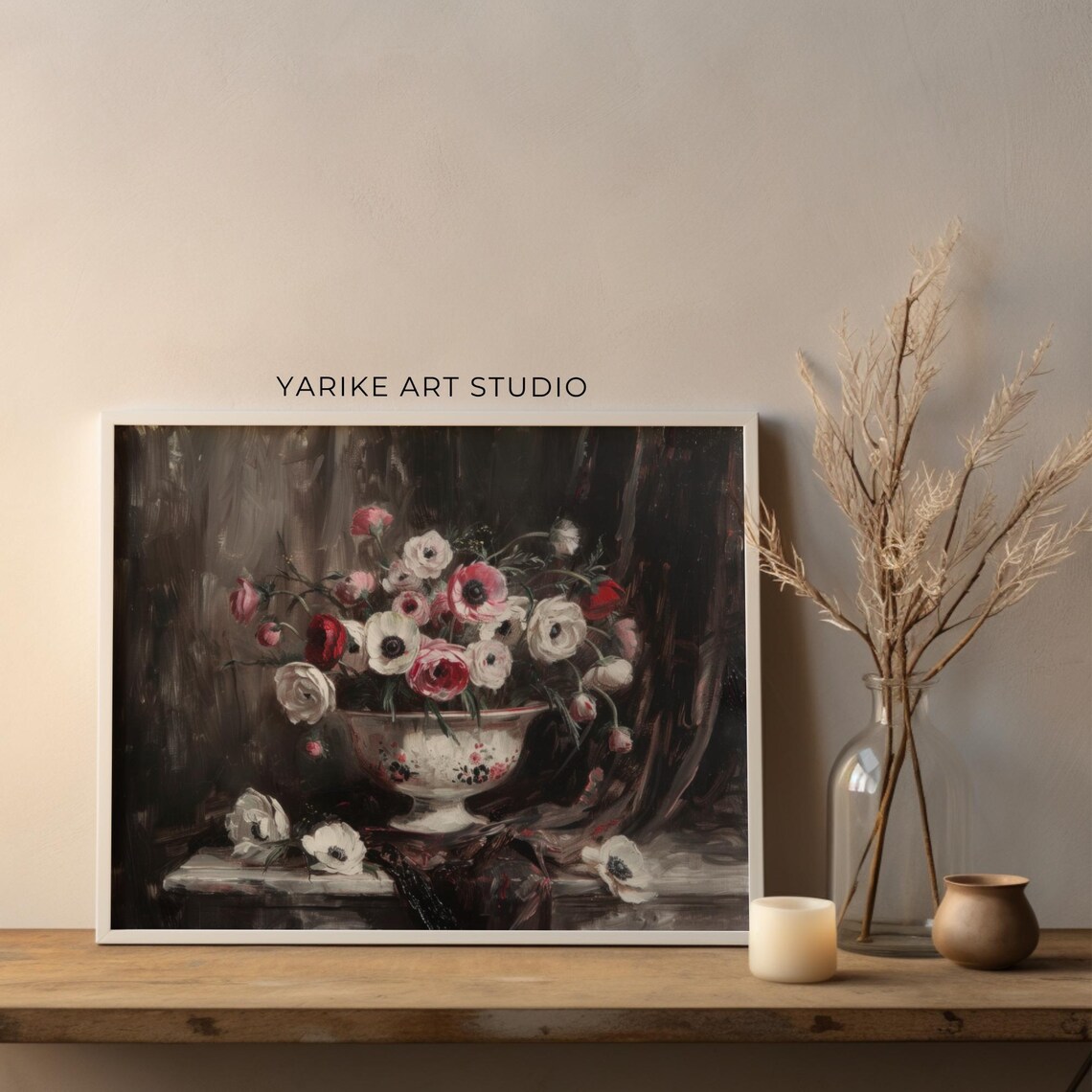 Pink and White Anemone Bouquet Vintage Bowl Dark Floral Poster - Image 4