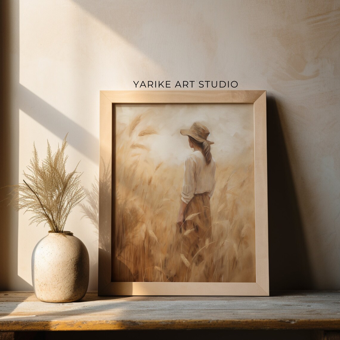 Woman with Hat in Golden Wheat Field Harvest Painting Poster