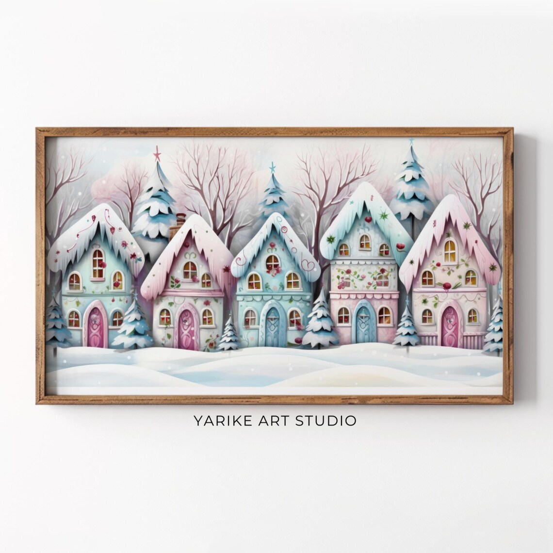 Pastel Winter Village Snowy Cottages and Pine Trees Scene Poster