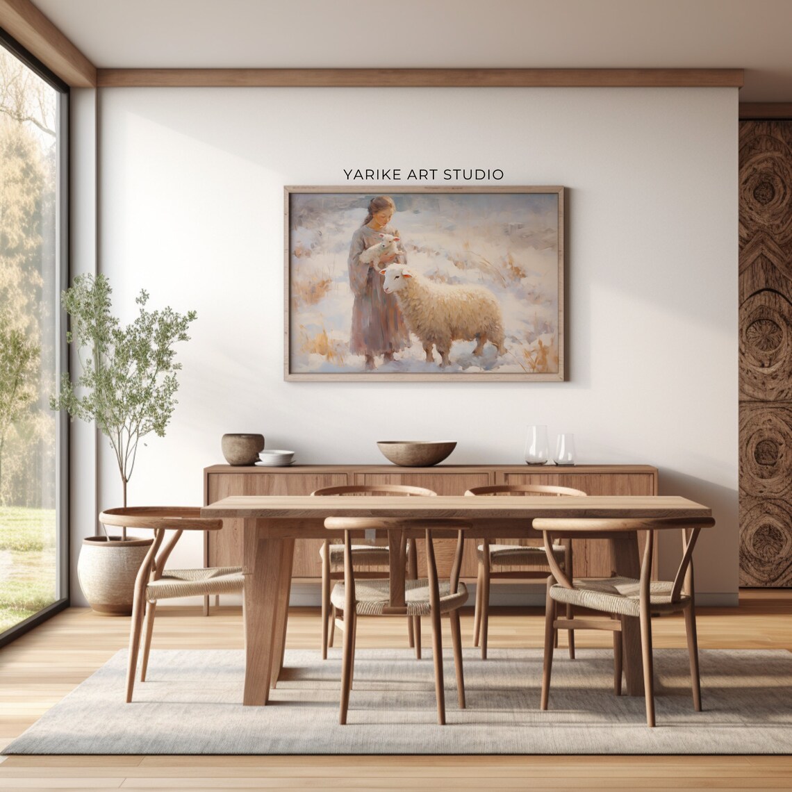 Vintage Girl Holding Lamb With Sheep In Snowy Winter Field Poster