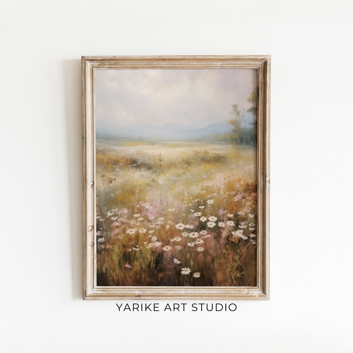Wildflower Meadow With White Daisies Misty Mountain View Poster - Image 5