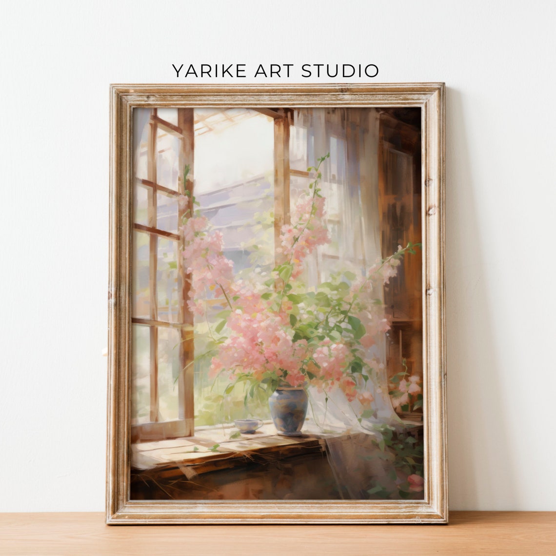 Soft Pink Blossoms In Vase On Sunlit Cottage Windowsill Print - Image 2