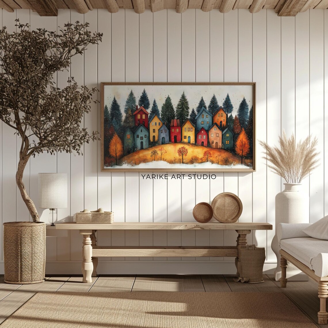 Snowy Country Village Folk Art Colorful Houses Autumn Poster - Image 2