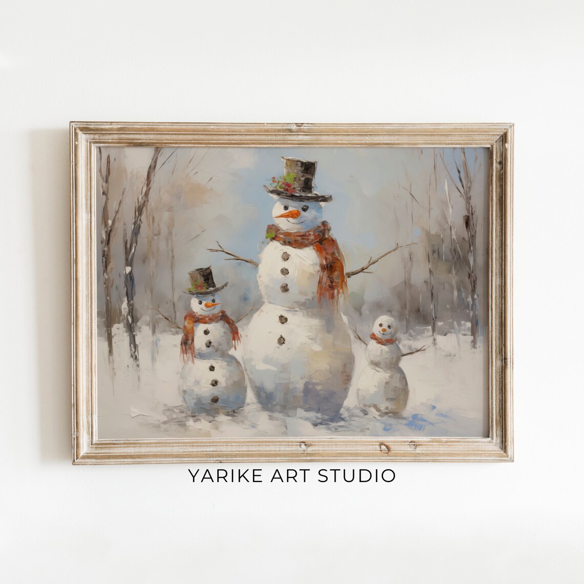 Snowman Family In Winter Woods Vintage Christmas Holiday Oil Print