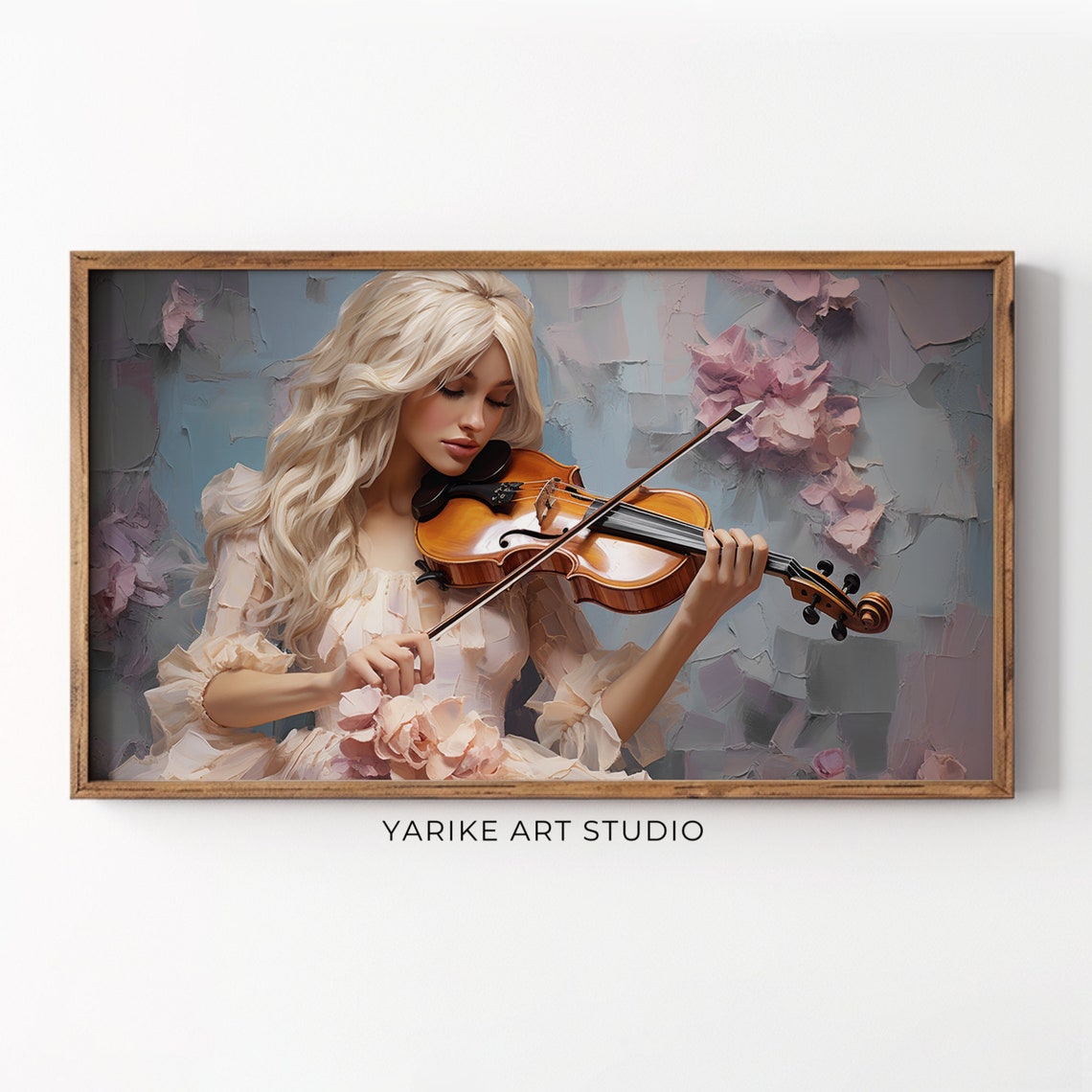Blonde Woman Playing Violin Pink Roses Romantic Music Painting Poster