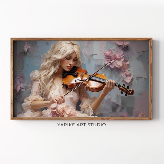 Blonde Woman Playing Violin Pink Roses Romantic Music Painting Poster