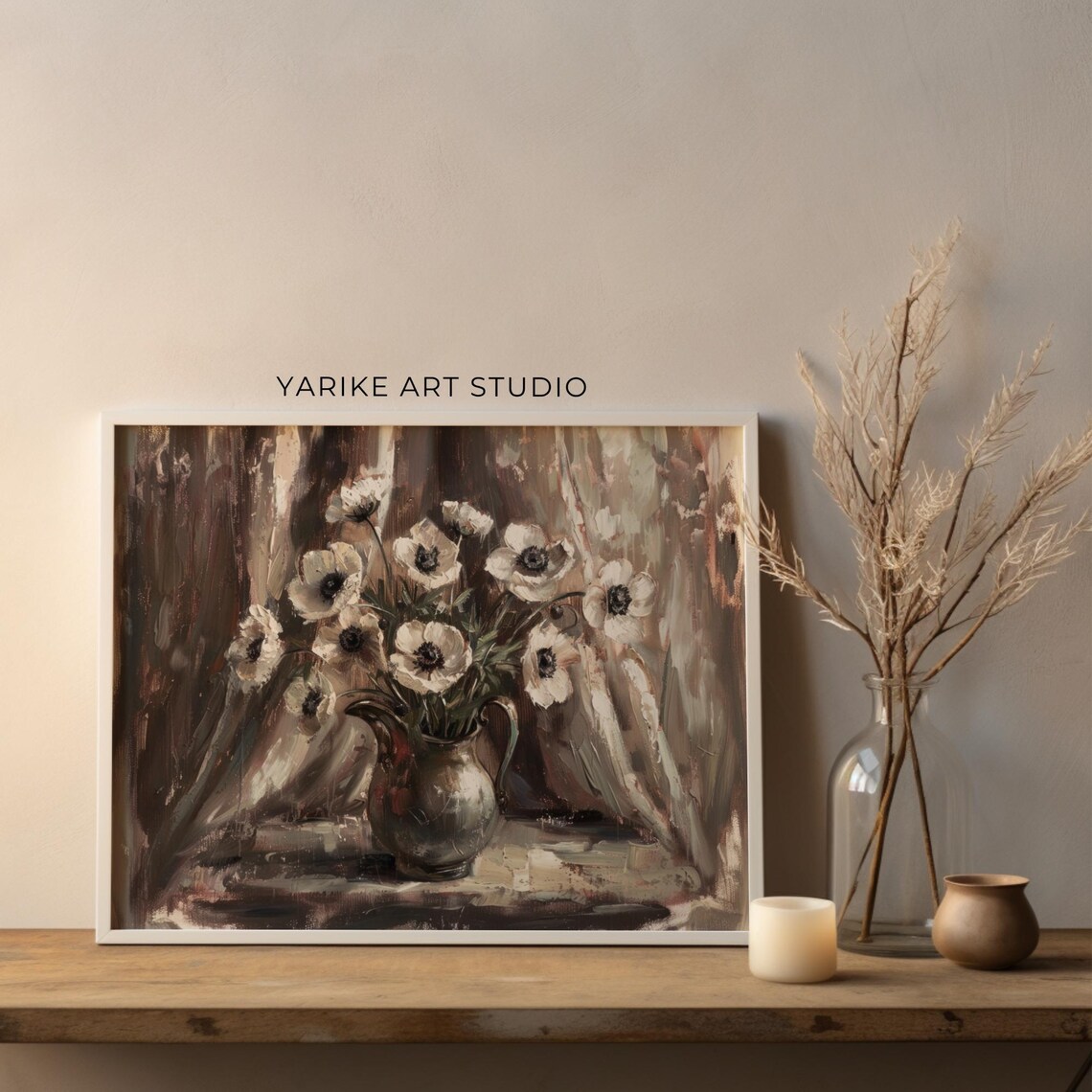 White Anemones In Silver Pitcher Moody Vintage Still Life Poster - Image 4