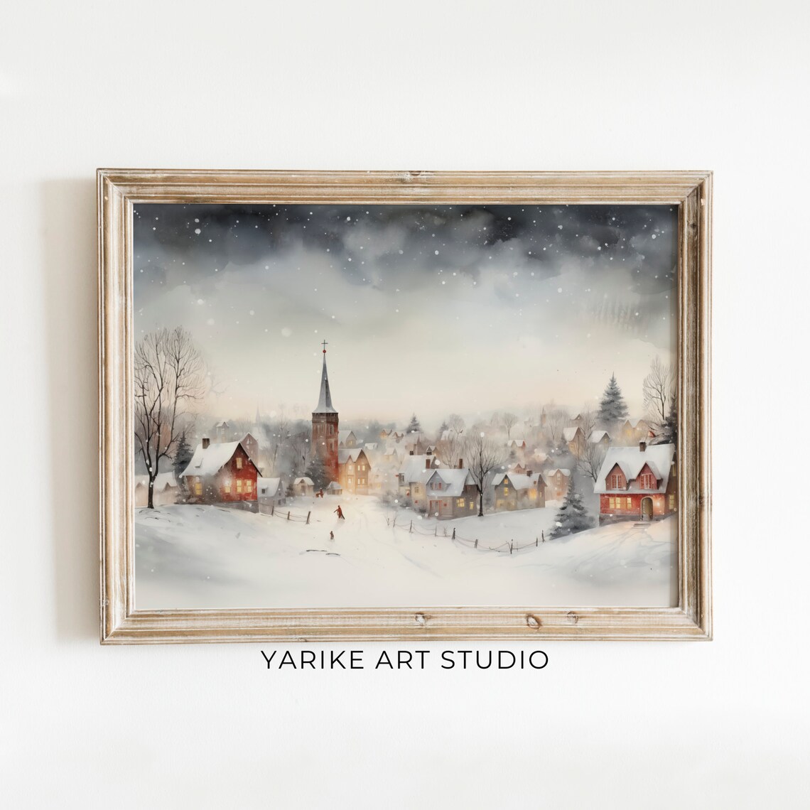 Snowy Christmas Village Church Steeple Night Watercolor Scene Poster