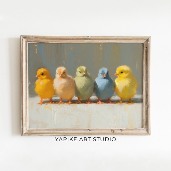Five Pastel Baby Chicks Row Painting Cute Spring Nursery Poster
