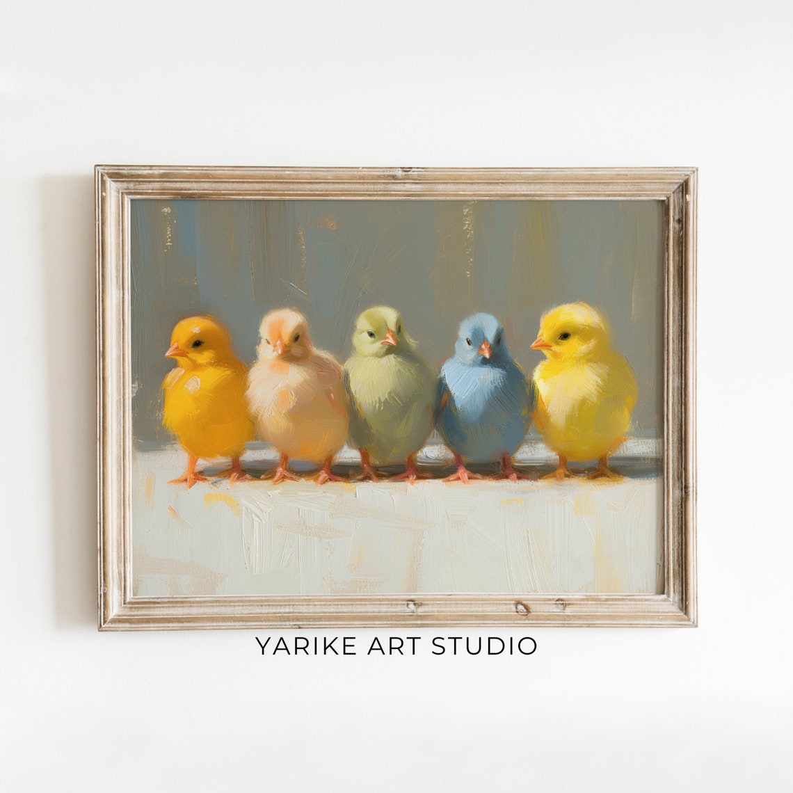 Five Pastel Baby Chicks Row Painting Cute Spring Nursery Poster
