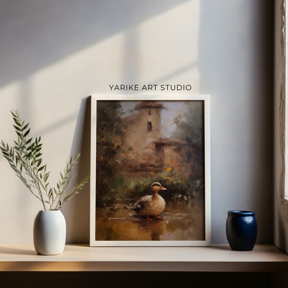 Vintage Duck Swimming with Old Stone Tower House Painting Poster - Image 4
