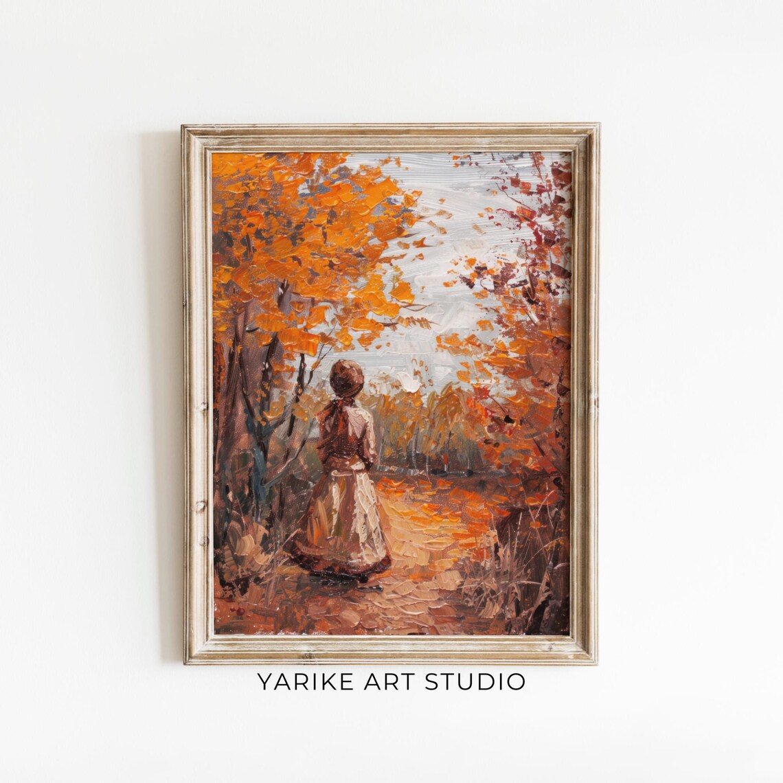 Woman In Rustic Dress Among Fiery Orange Autumn Trees Poster
