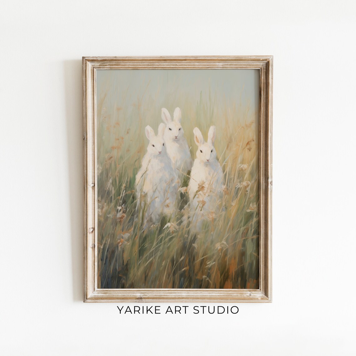 Three White Bunnies in Golden Meadow Grass Wildlife Art Poster - Image 6
