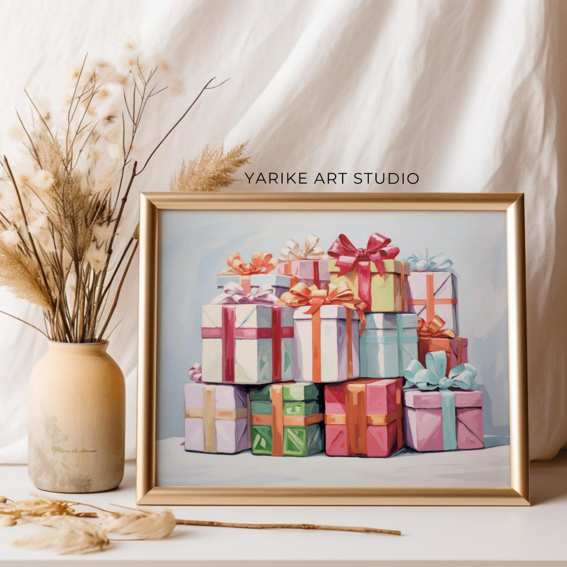 Colorful Stack of Christmas Gift Boxes with Bows Still Life Art Print - Image 2