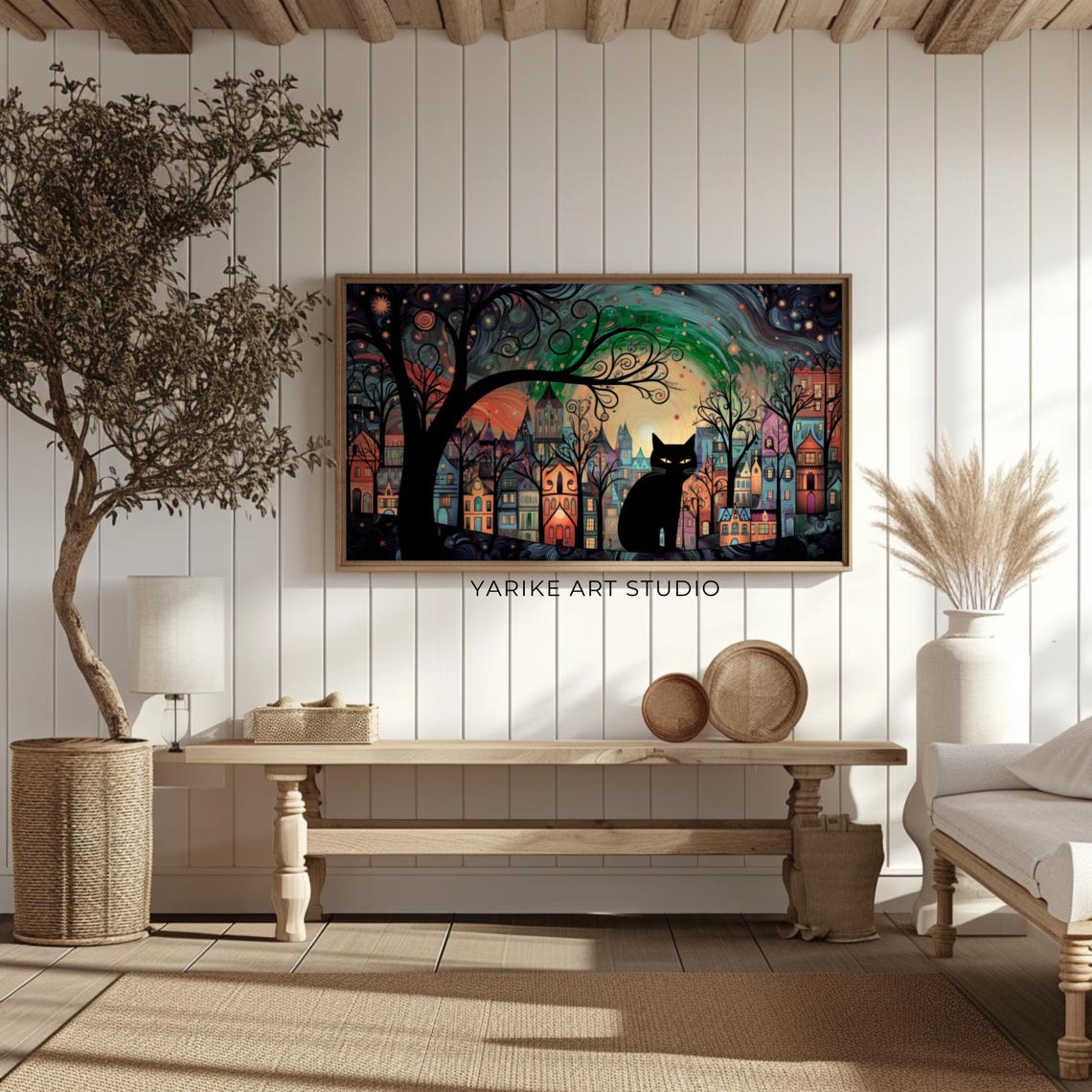 Black Cat Starry Night Town Swirling Moonlight Folk Art Poster - Image 2