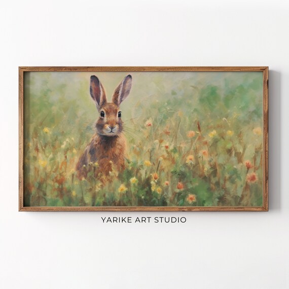 Brown Bunny In Spring Wildflower Meadow Cute Rabbit Painting Poster