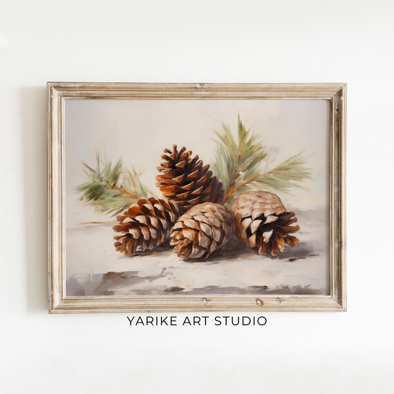 Vintage Pinecone Art Winter Christmas Wall Art Seasonal Holiday Decor Moody Neutral Holiday Art Yarike 301 Ai