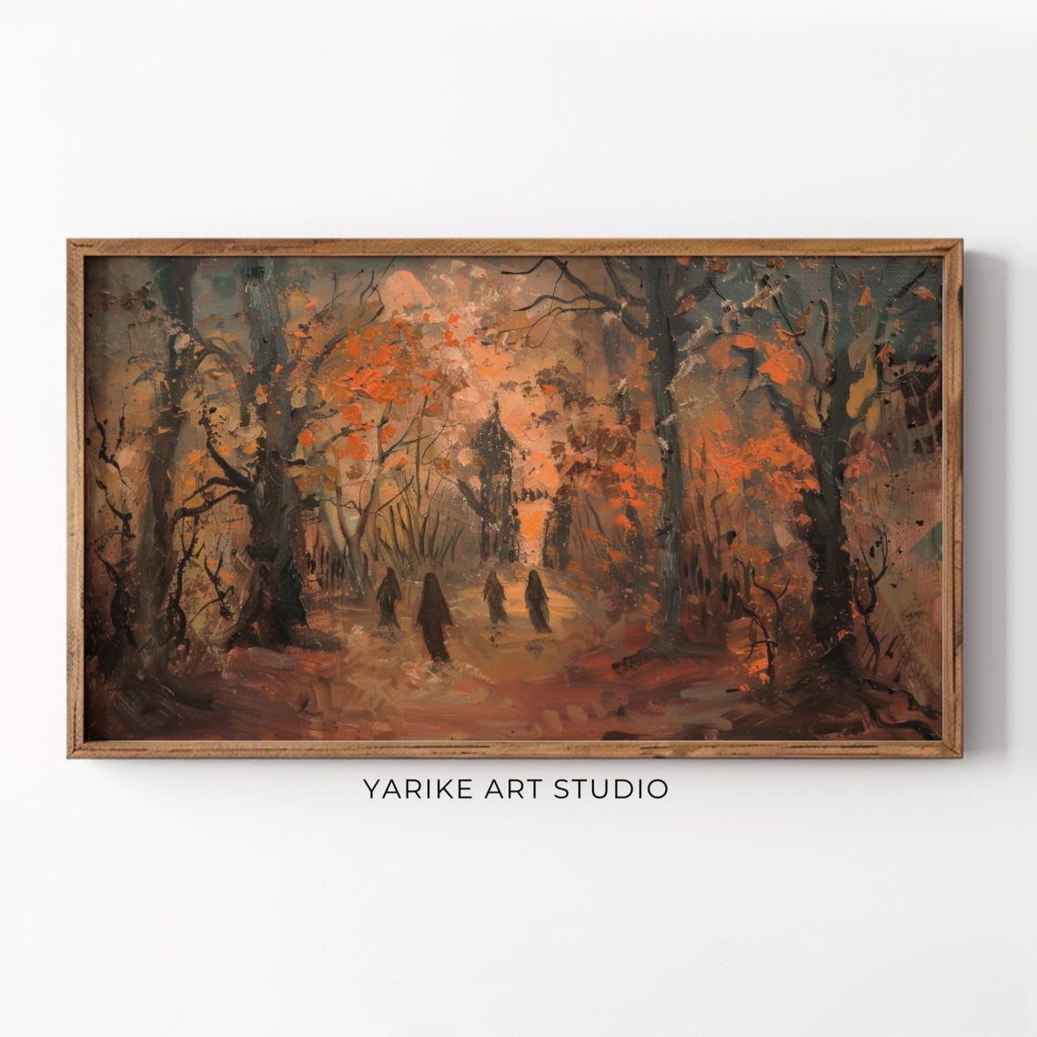 Ghostly Figures in Orange Autumn Woods Haunted Forest Art Poster