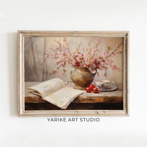 Vintage Pink Blossom Still Life With Book Teacup And Apples Print