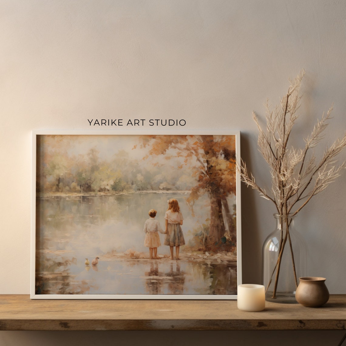 Two Children At Autumn Lakeside With Ducks Soft Nostalgic Poster - Image 3