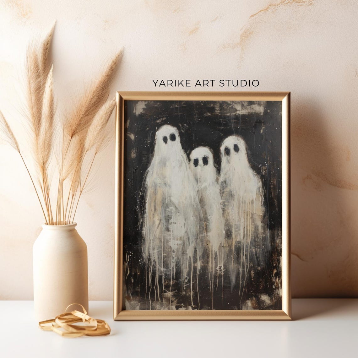 Three White Ghosts On Black Cute Vintage Spooky Halloween Poster - Image 4