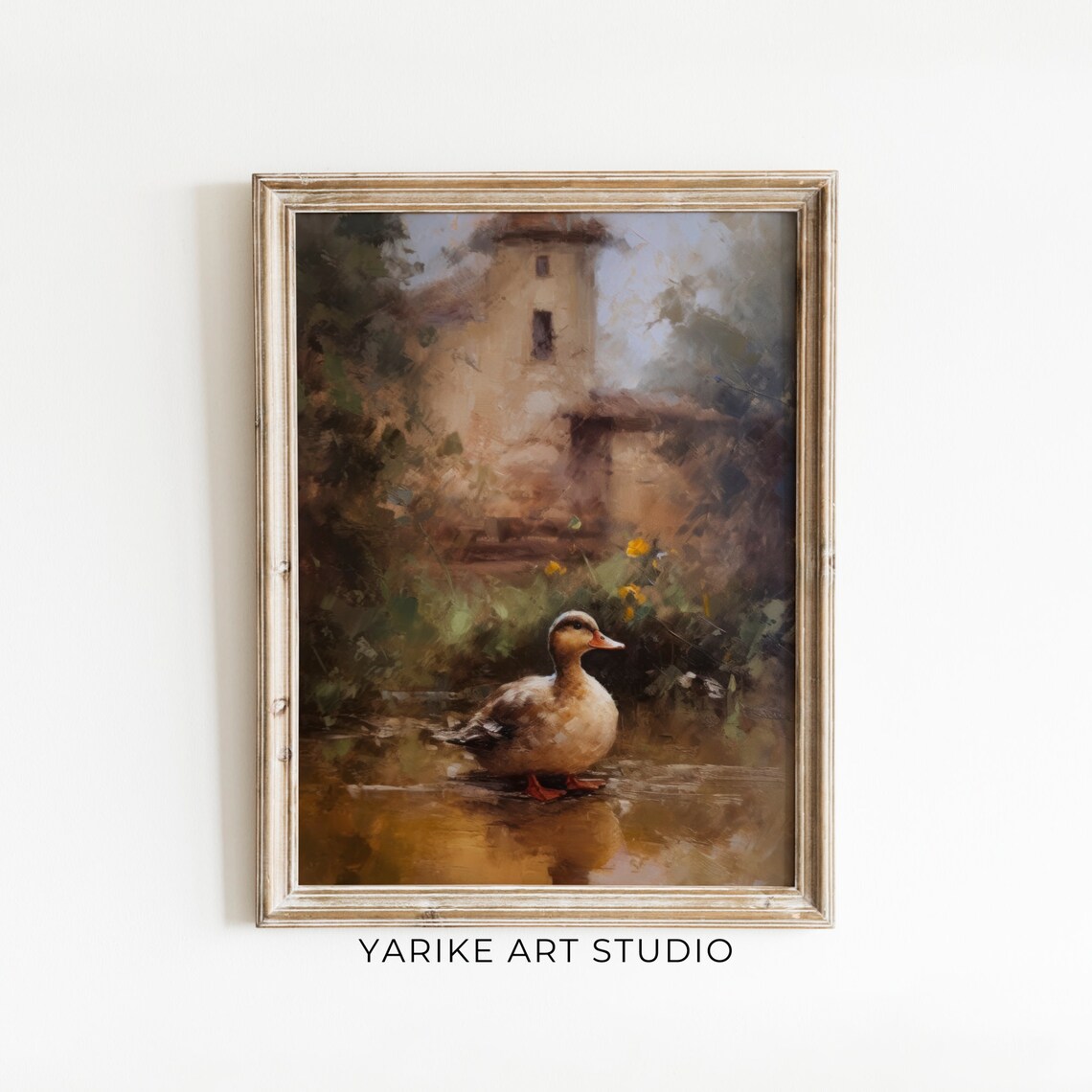 Vintage Duck Swimming with Old Stone Tower House Painting Poster - Image 6
