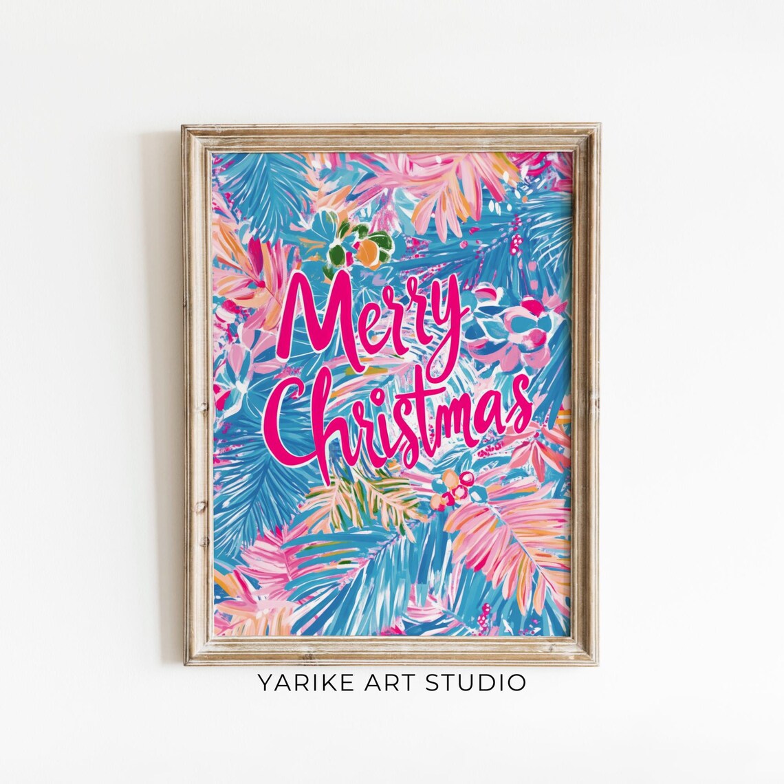 Merry Christmas Tropical Palm Foliage Bright Pink Holiday Poster