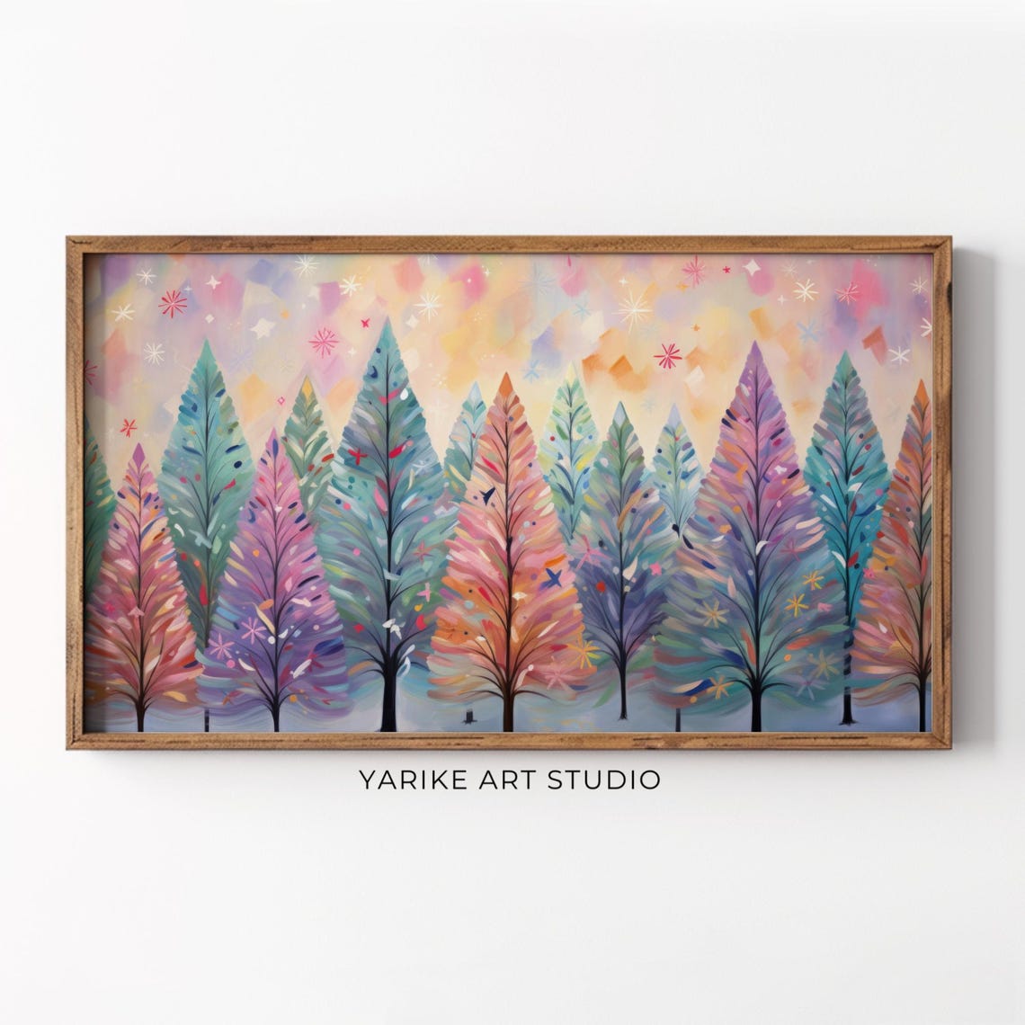 Pastel Rainbow Christmas Forest Trees Snowflake Holiday Poster