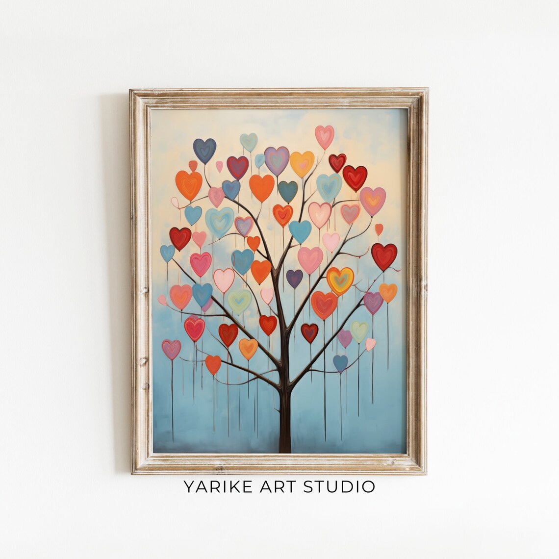 Colorful Hearts Tree Of Love Whimsical Valentine Folk Wall Print