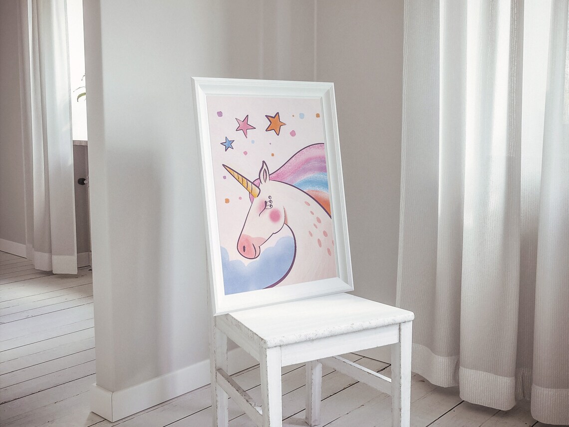 Pastel Rainbow Unicorn Nursery Kids Room Dreamy Stars Wall Art - Image 3