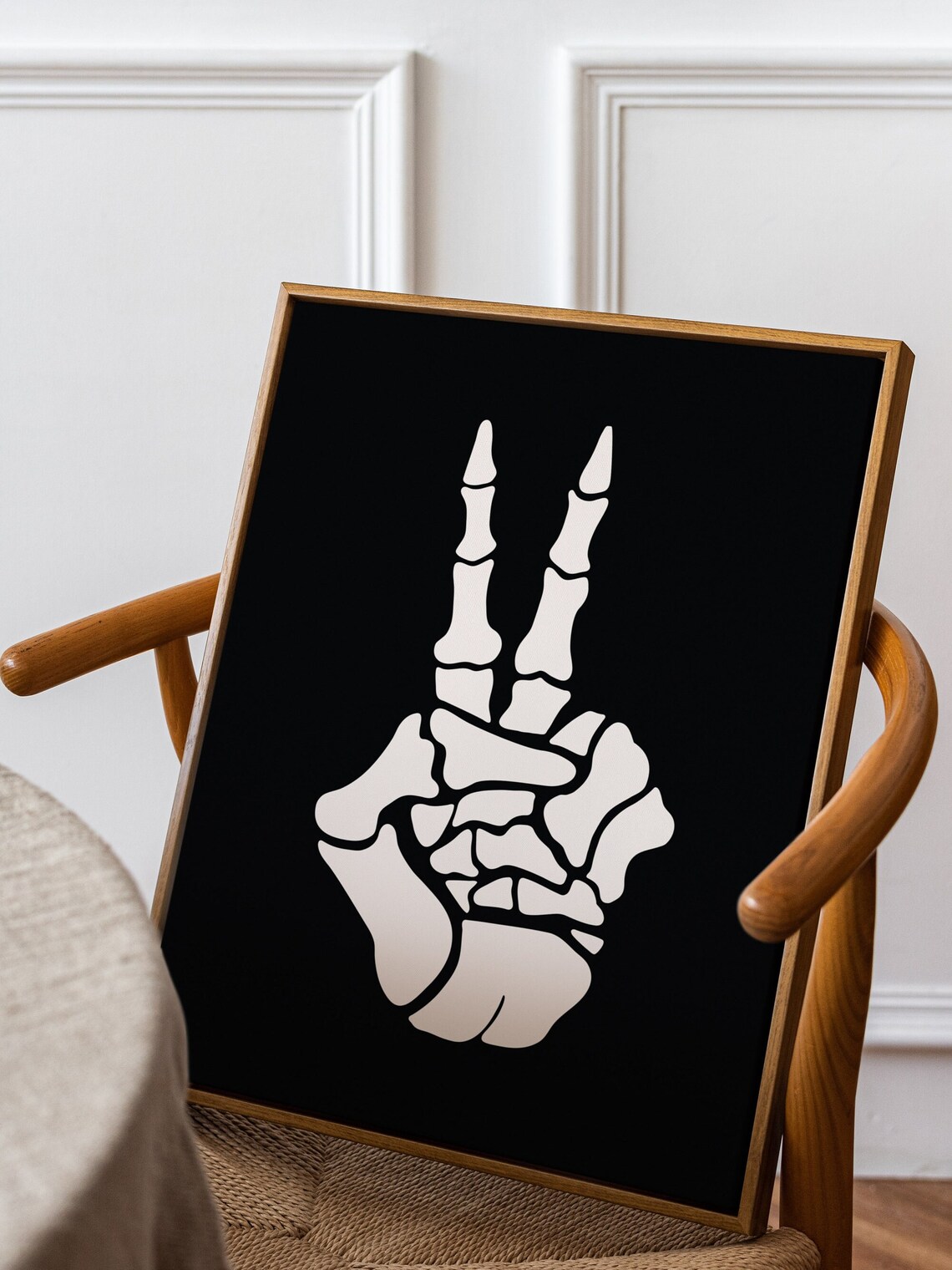 Skeleton Hand Peace Sign Black Minimal Graphic Halloween Poster - Image 2
