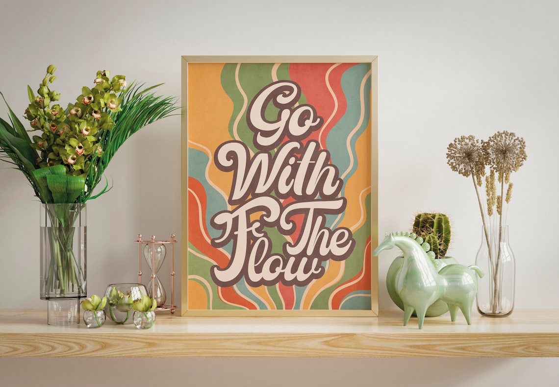 Motivational Quotes Wall Art Poster Go With The Flow Retro Quote Print Colorful Posters Retro Art