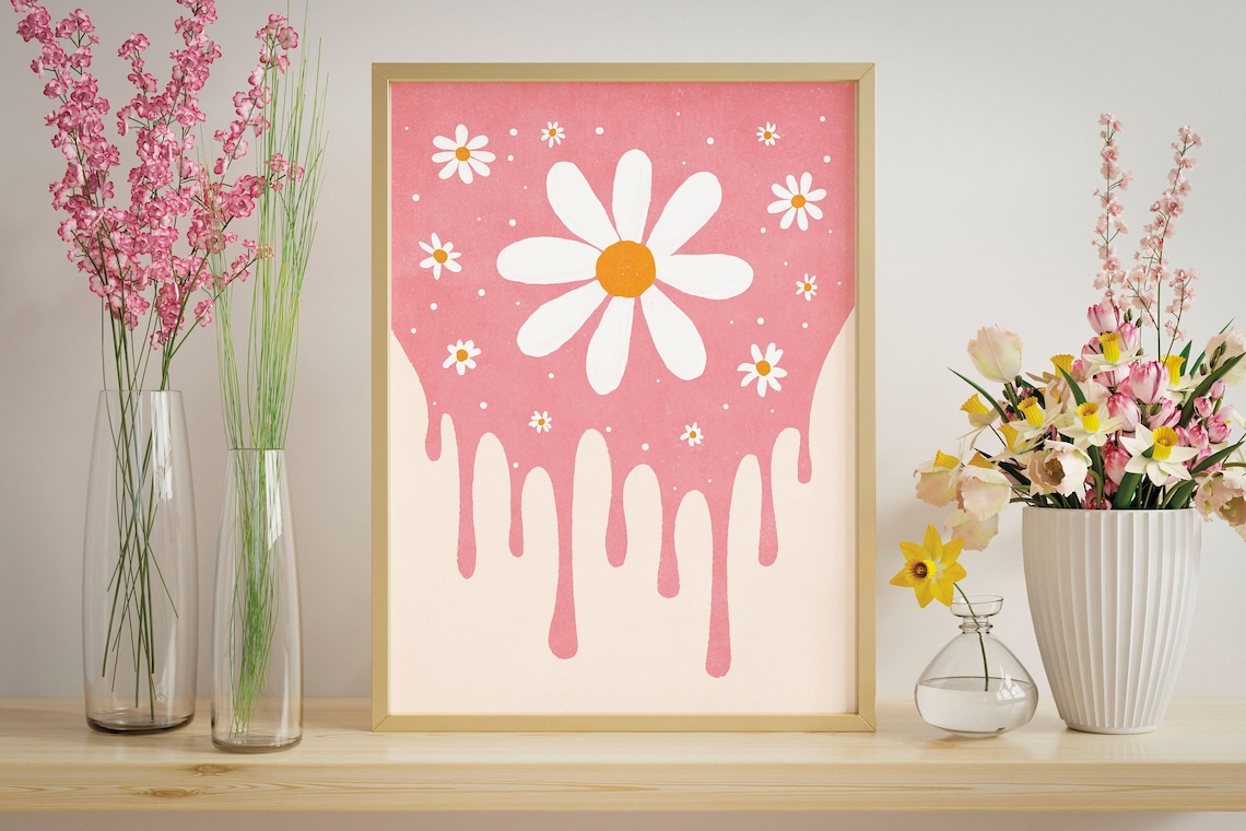 Pink Daisy Retro Melting Floral Groovy Nursery Bedroom Art Poster