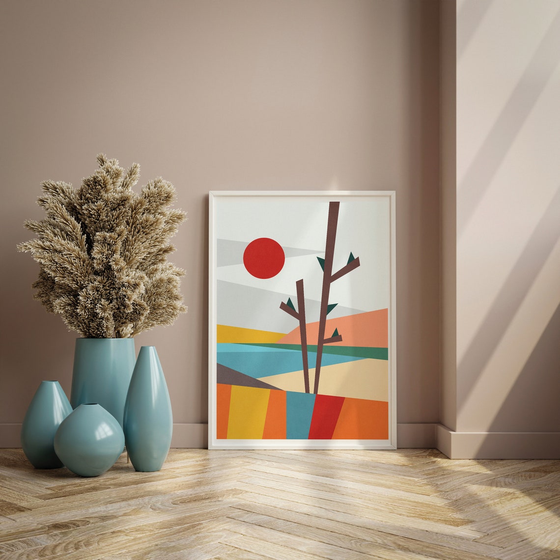 Geometric Red Sun Tree Minimalist Landscape Abstract Wall Art - Image 2