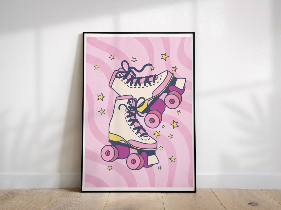 Funky Roller Skate Pair Illustration on Pink Wave Art Poster