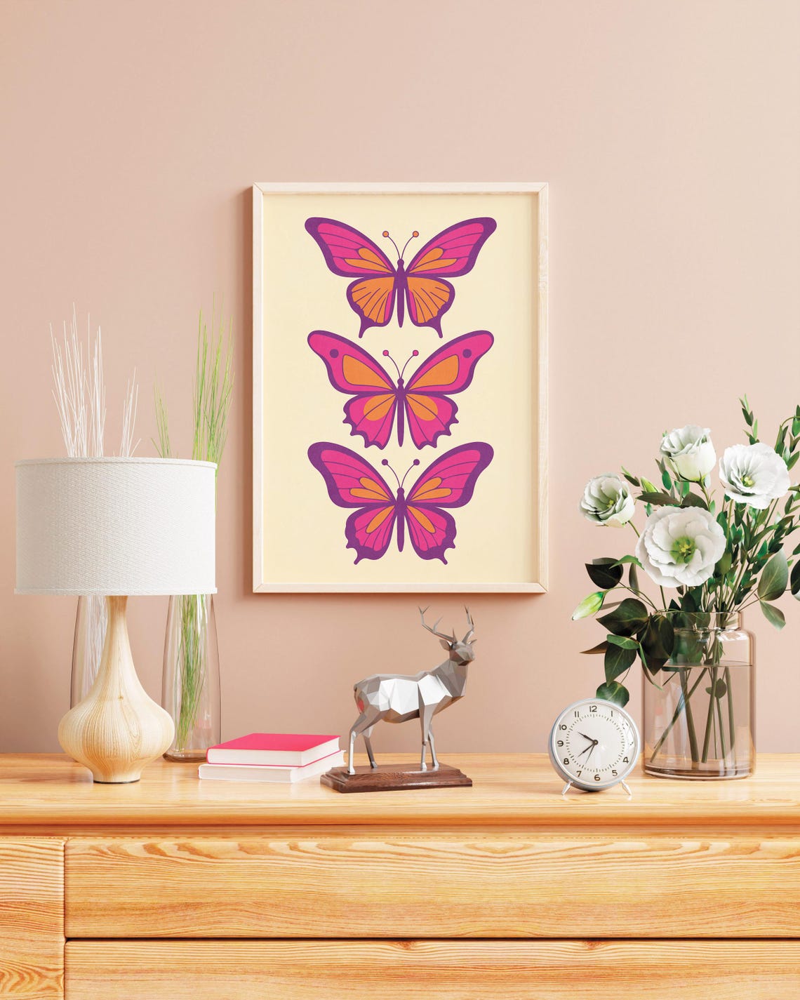 Pink Aesthetic Butterfly Art Print Trendy Wall Art Girls Bedroom Decor Trendy Room Wall Art Three Butterflies Purple Pink Orange Wall Art - Image 3