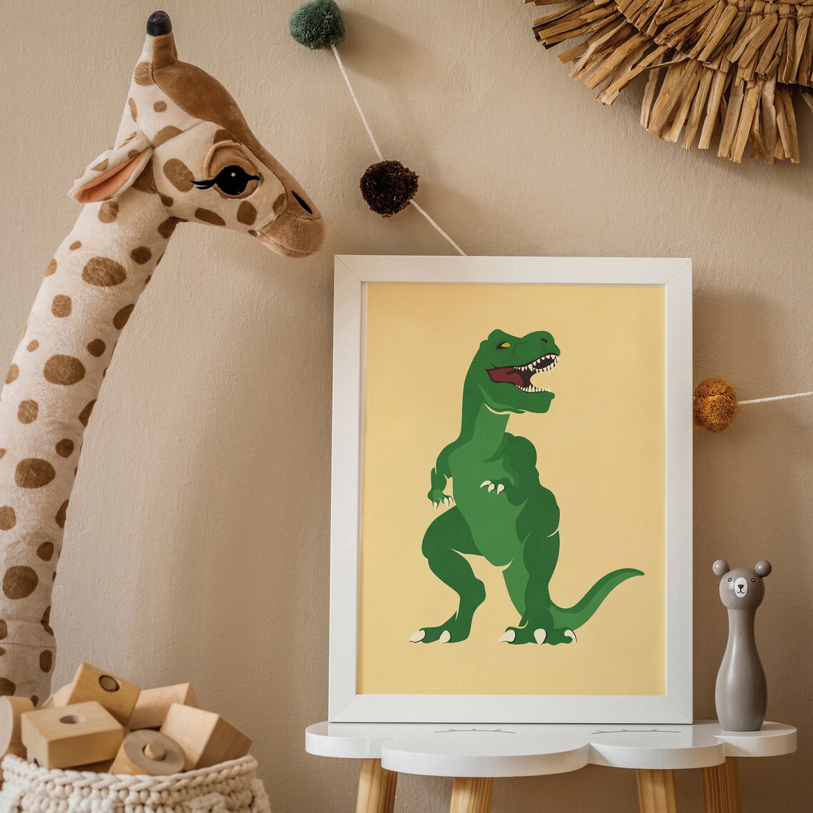 Green T Rex Dinosaur Cartoon Nursery Kids Playroom Bedroom Wall Art - Image 2