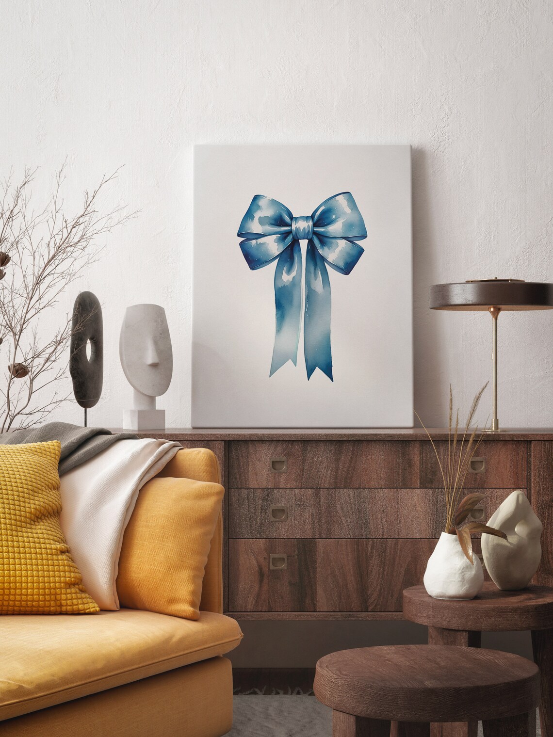 Minimalist Blue Watercolor Ribbon Bow Art Print For Chic Rooms