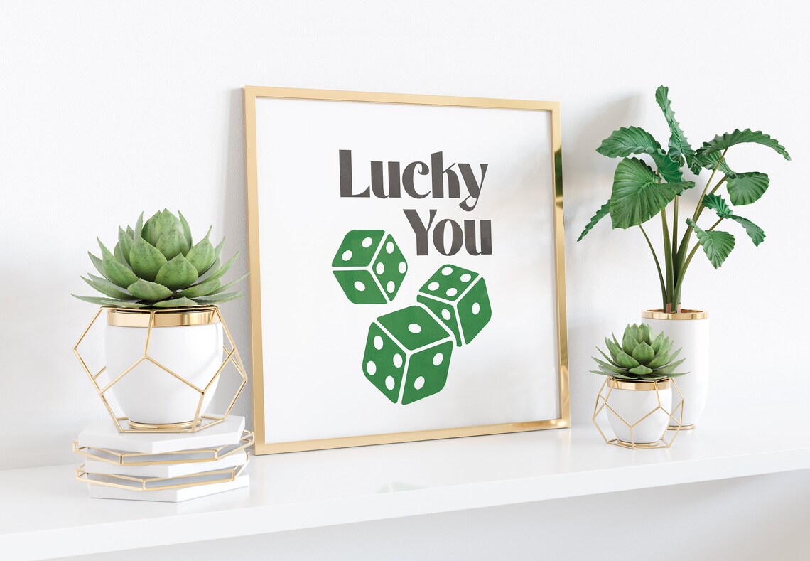 Lucky You Green Dice Retro Typography Fun Game Room Quote Poster - Image 2
