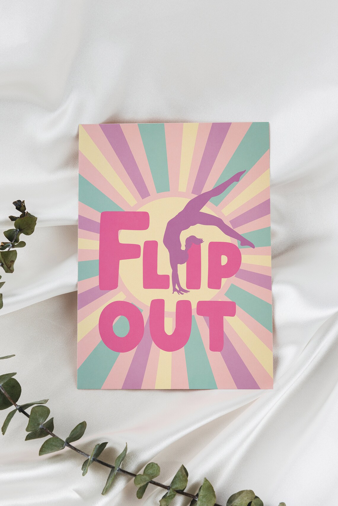 Flip Out Gymnast Silhouette Retro Sunburst Motivational Quote Poster